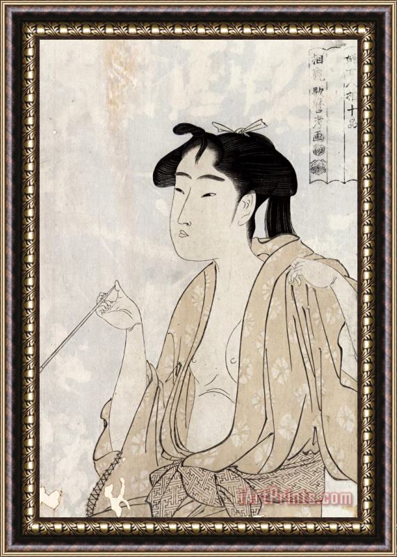 Kitagawa Utamaro Woman Smoking a Pipe Framed Painting