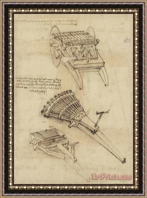 Leonardo da Vinci Cart And Weapons From Atlantic Codex Framed Print