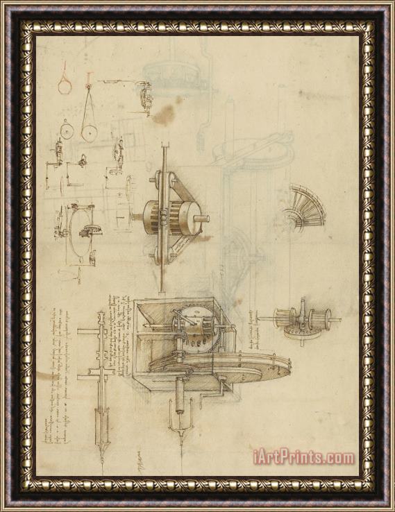 Leonardo da Vinci Crank Spinning Machine With Several Details Framed Painting