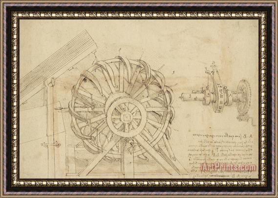 Leonardo da Vinci Great Sling Rotating On Horizontal Plane Great Wheel And Crossbows Devices From Atlantic Codex Framed Painting