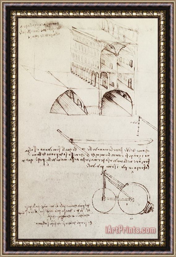 Leonardo da Vinci Manuscript B F 36 R Architectural Studies Development And Sections Of Buildings In City With Raise Framed Painting