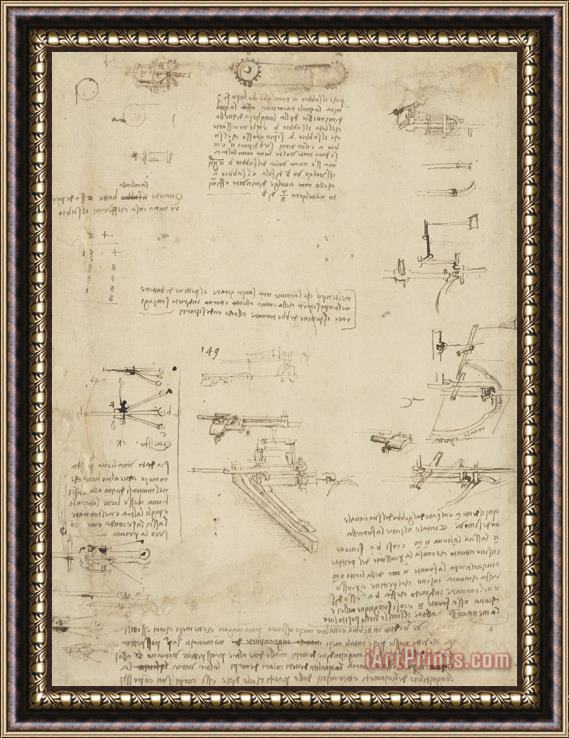 Leonardo da Vinci Notes About Perspective And Sketch Of Devices For Textile Machinery From Atlantic Codex Framed Painting