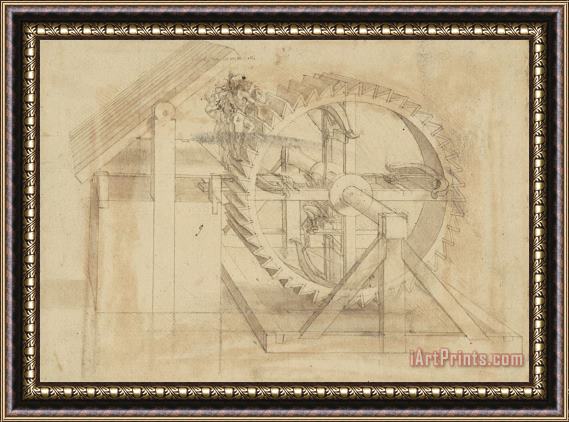 Leonardo da Vinci War Machine Composed Of Big Wheel With 44 Steps Set In Motion By Weight Of Ten Men And By Soldier Framed Painting