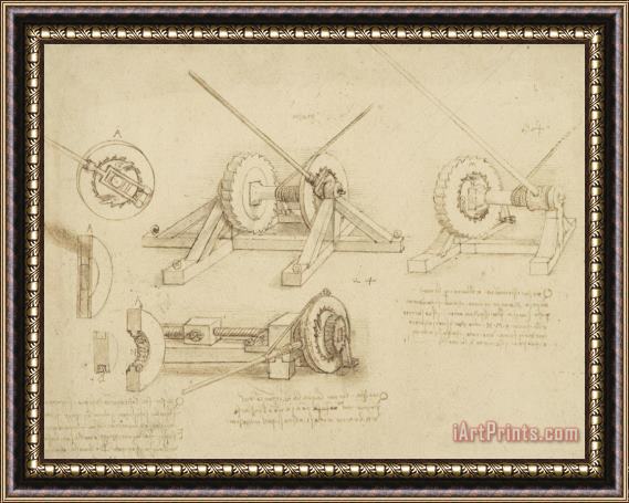 Leonardo da Vinci Winch Great Spring Catapult And Ladder From Atlantic Codex Framed Painting