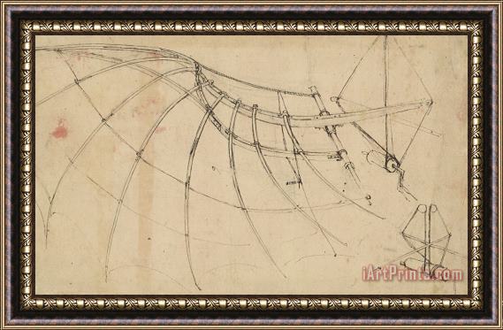 Leonardo da Vinci Wing Covered With Cloth And Moved By Means Of Crank Winch Below Right Detail Of Winch Framed Print
