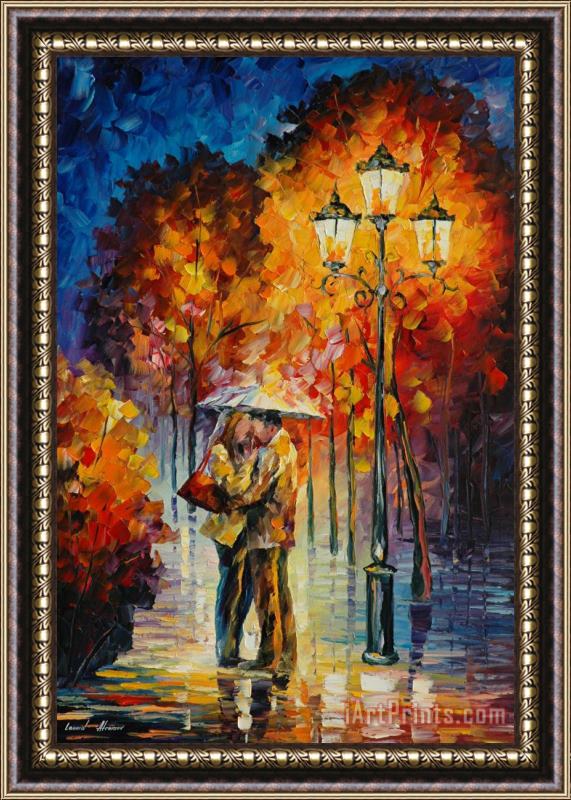 Leonid Afremov Kiss Under The Rain Framed Print