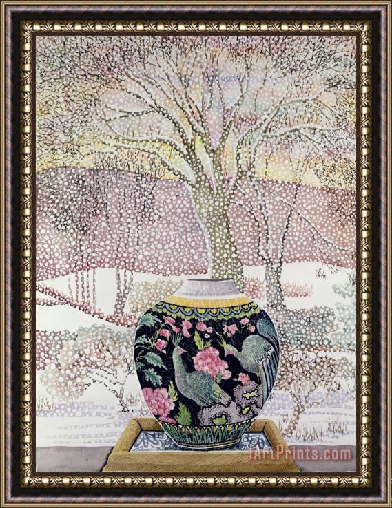 Lillian Delevoryas Large Ginger Jar In Snowstorm Framed Painting