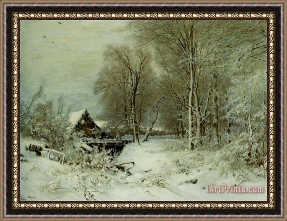 Louis Apol A Cottage in a Snowy Landscape Framed Painting
