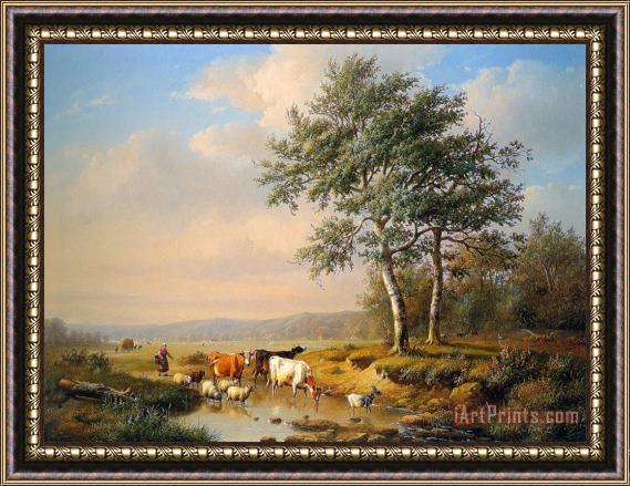 Louis Pierre Verwee An Extensive Landscape with Cattle Watering Framed Print