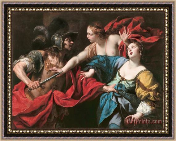 Luca Ferrari Venus preventing her son Aeneas from killing Helen of Troy Framed Painting