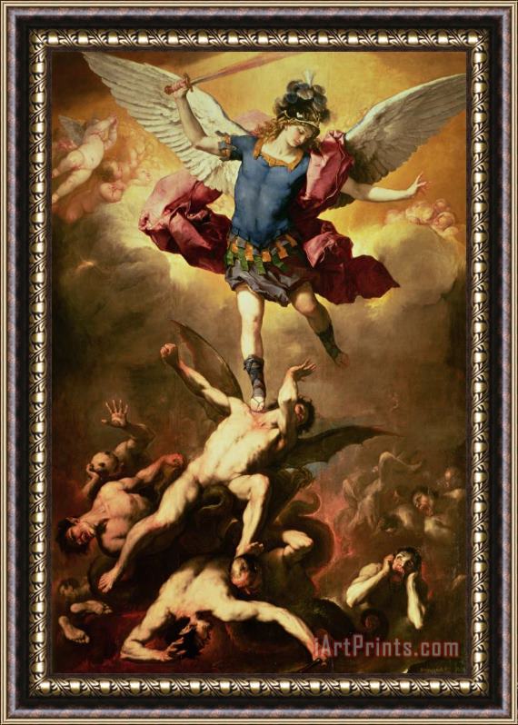 Luca Giordano Archangel Michael overthrows the rebel angel Framed Print