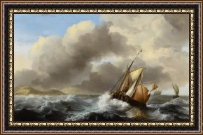 Fishing Boats in a Calm Sea Framed Prints - Fishing Vessels Offshore In A Heavy Sea by Ludolf Backhuysen