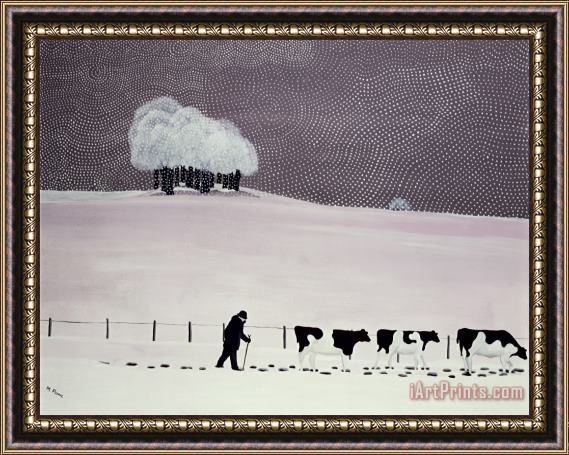 Maggie Rowe Cows in a snowstorm Framed Print