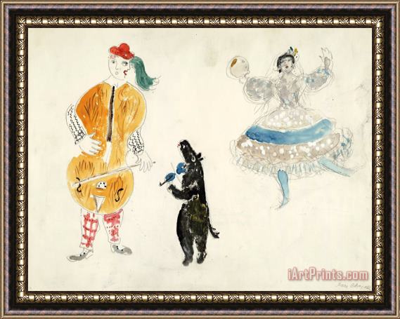Marc Chagall A Bandura Player, a Bear And Zemphira, Costume Design for Aleko (scene Ii). (1942) Framed Painting
