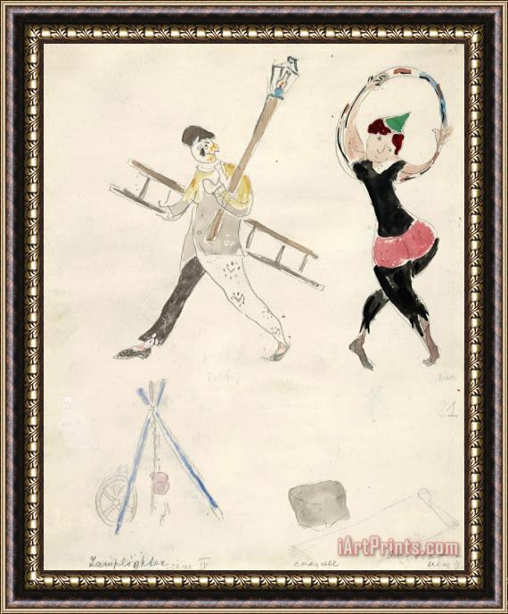 Marc Chagall A Lamplighter And an Acrobat, Costume Design for Aleko (scene Iv). (1942) Framed Painting