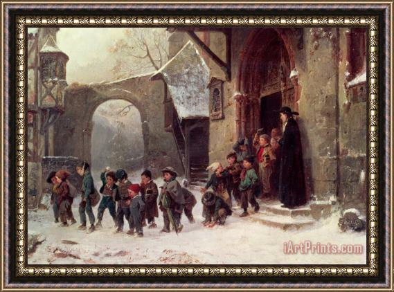 Marc Louis Benjamin Vautier Snow Scene Children Leaving School Framed Print