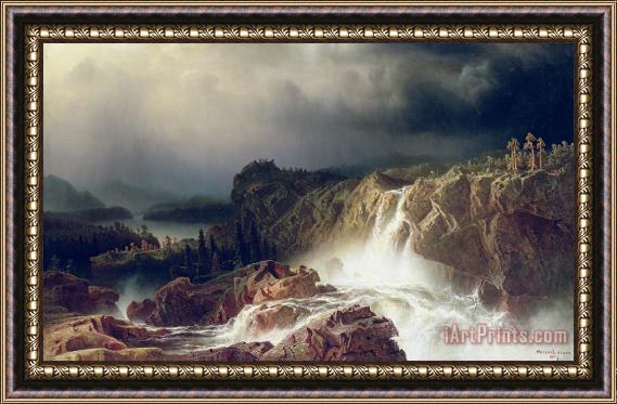 Marcus Larson Rocky Landscape With Waterfall In Smaland Framed Painting