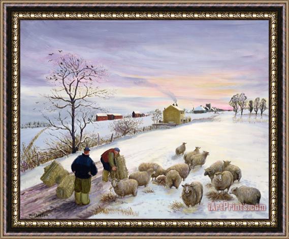 Margaret Loxton Feeding sheep in winter Framed Painting
