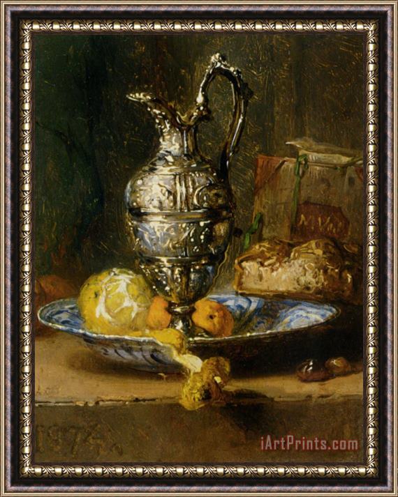 Maria Vos A Still Life with a Lemon, Oranges, Bread, And a Pitcher Framed Painting