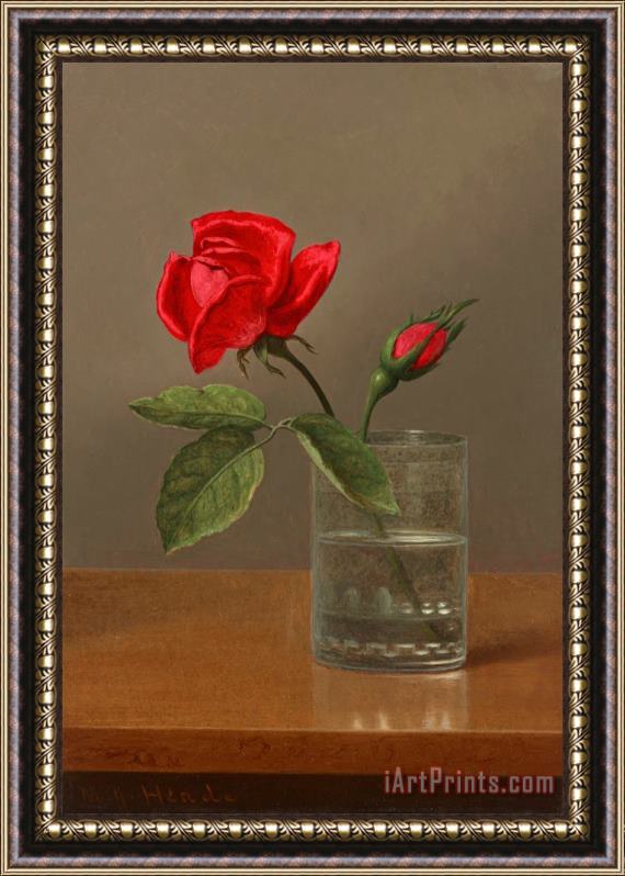 Martin Johnson Heade Red Rose And Bud in a Tumbler on a Shiny Table Framed Painting