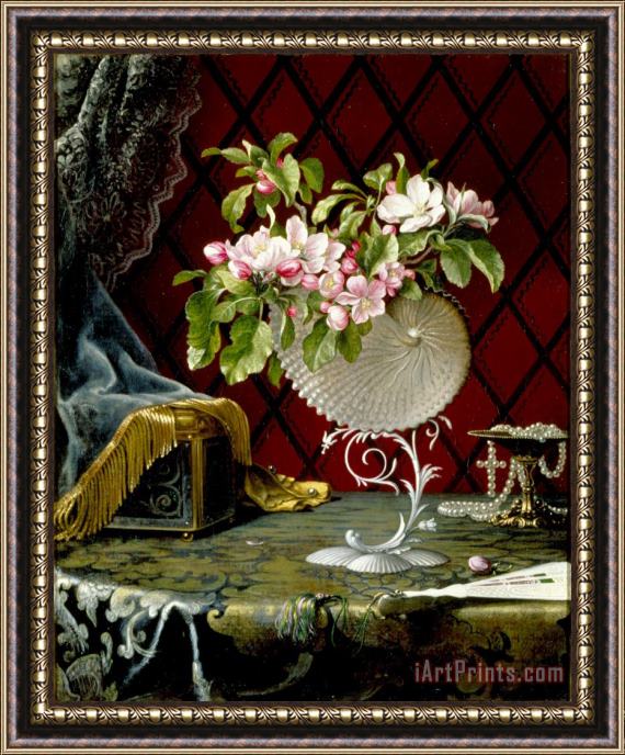 Martin Johnson Heade Still Life with Apple Blossoms in a Nautilus Shell Framed Painting