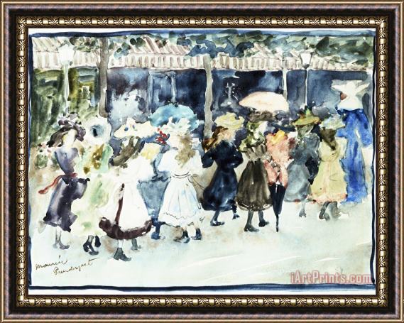 Maurice Brazil Prendergast Watercolor of Girls Walking Along The Boardwalk Framed Painting