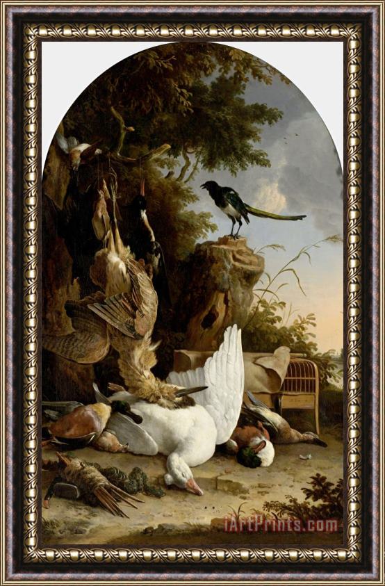 Melchior de Hondecoeter A Hunter's Bag Near a Tree Stump with a Magpie, Known As 'the Contemplative Magpie' Framed Painting