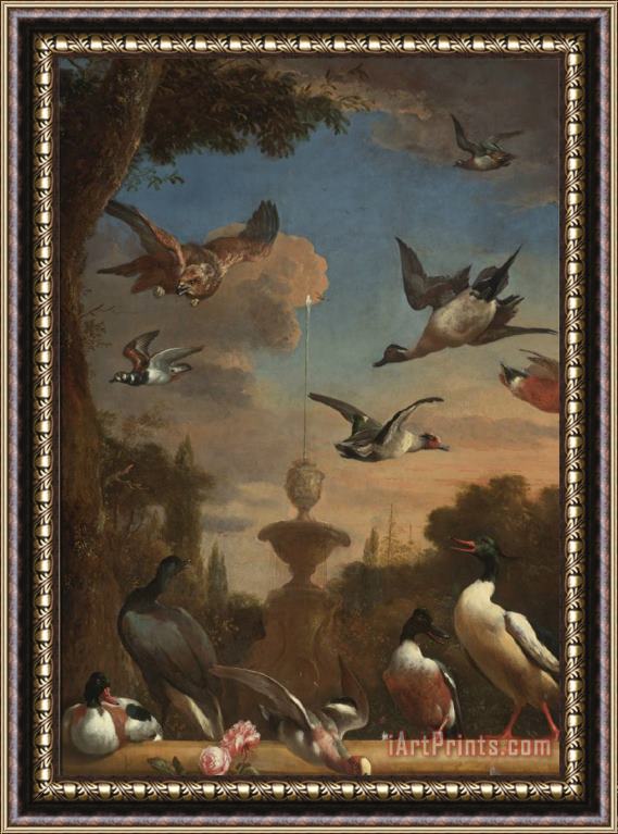 Melchior de Hondecoeter Classical Garden Landscape with a Mallard, a Golden Eagle, And Other Wild Fowl in Flight Framed Painting