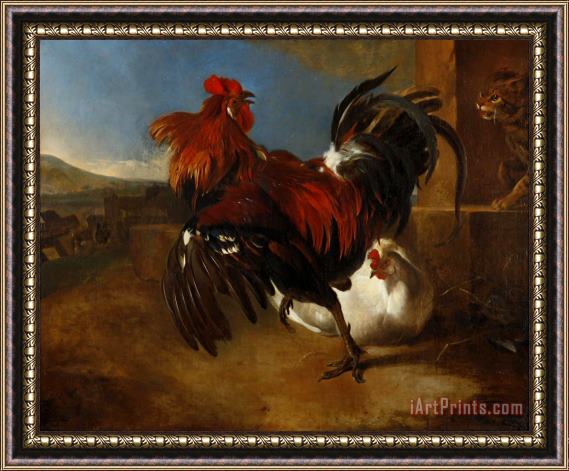 Melchior de Hondecoeter Poultry Yard with Angered Cock Framed Painting