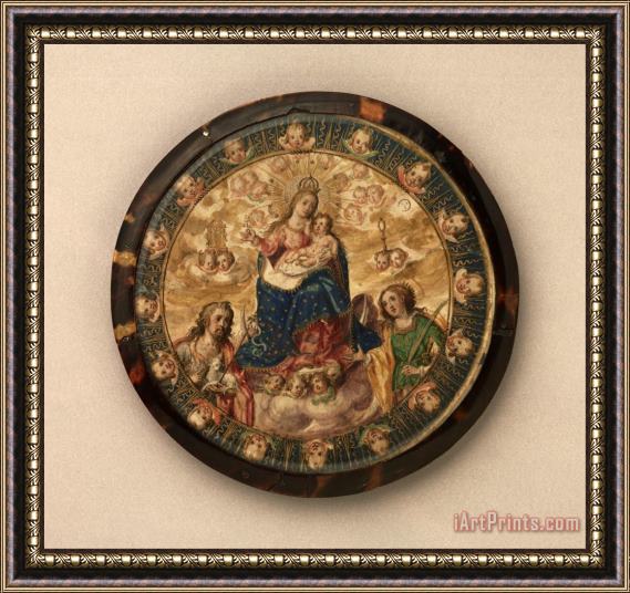 Mexican Attributed to Andres Lagarto Nun's Shield Showing The Virgin And Child with Saints John The Baptist And Catherine of Alexandria Framed Painting