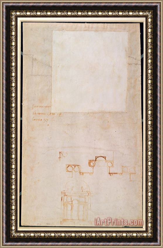 Michelangelo Buonarroti Architectural Study with Notes Brown Pen on Paper Recto Framed Print
