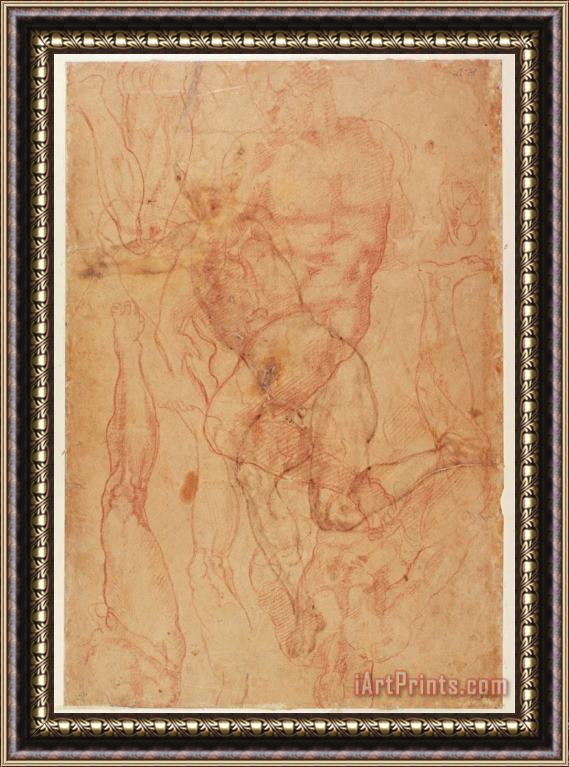 Michelangelo Buonarroti Figure Study Red Chalk on Paper Framed Painting