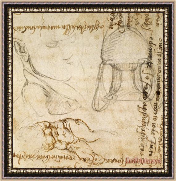 Michelangelo Buonarroti Page From a Sketchbook with Figure Studies And Notes Framed Painting