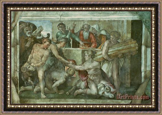 Michelangelo Buonarroti Sistine Chapel Ceiling Noah After The Flood Pre Restoration Framed Painting