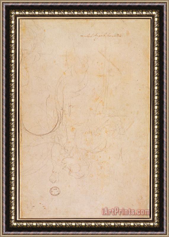 Michelangelo Buonarroti Sketch of a Figure with Artist's Signature Charcoal on Paper Verso Framed Painting