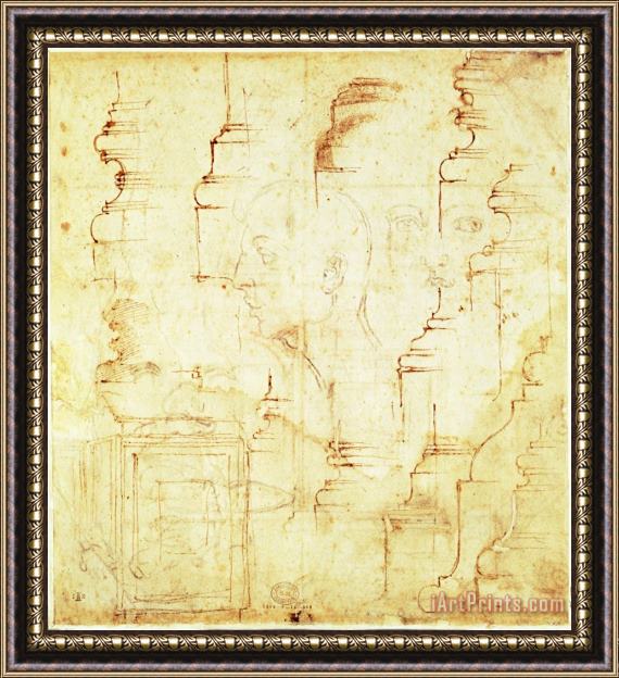 Michelangelo Buonarroti Sketches of a Column And Faces Framed Print
