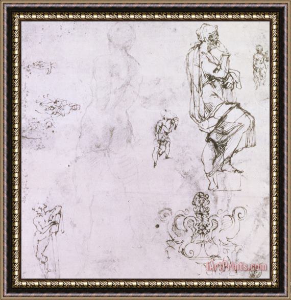 Michelangelo Buonarroti Sketches of Male Nudes a Madonna And Child And a Decorative Emblem Framed Painting