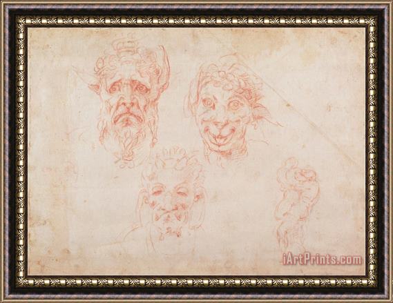 Michelangelo Buonarroti Sketches of Satyrs Faces Framed Print