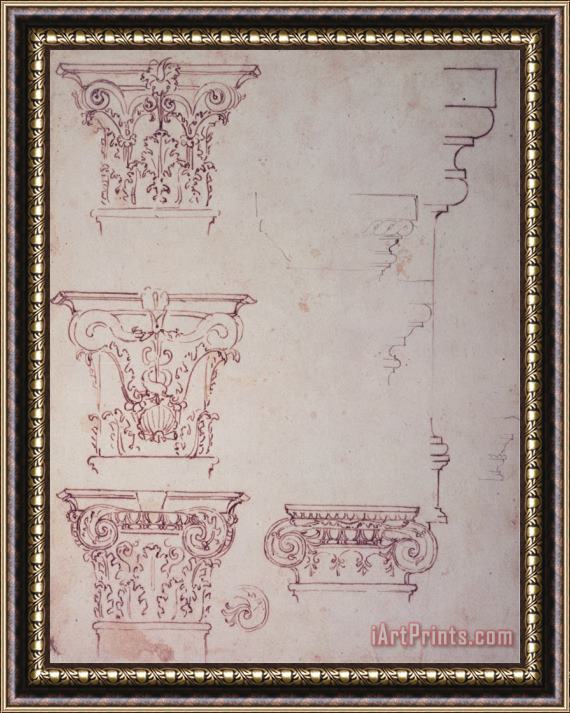 Michelangelo Buonarroti Studies for a Capital Brown Ink Framed Painting