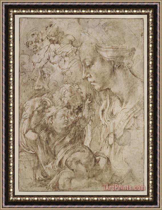 Michelangelo Buonarroti Studies for a Holy Family Framed Print