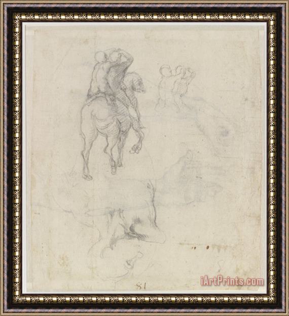Michelangelo Buonarroti Studies of a Horse with Two Nude Riders And a Male Torso Framed Print