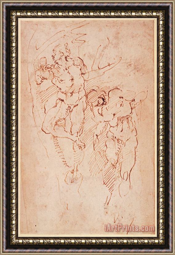 Michelangelo Buonarroti Studies of Male Nudes Ink on Paper Framed Painting