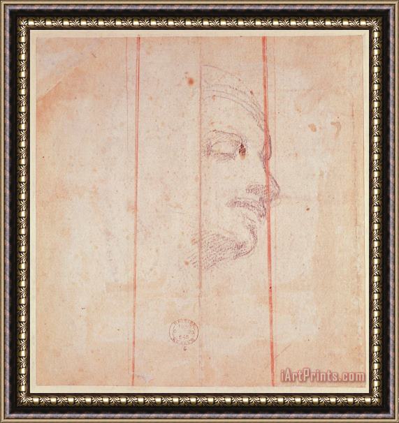 Michelangelo Buonarroti Study for The Head of The Libyan Sibyl Black Chalk on Paper Verso Framed Painting