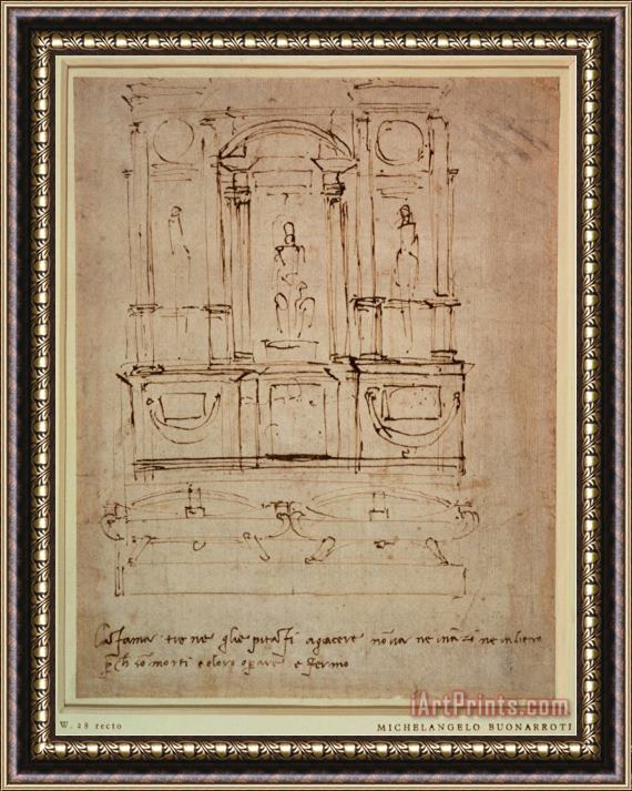 Michelangelo Buonarroti Study for The Tomb of Pope Julius II Brown Ink Framed Painting