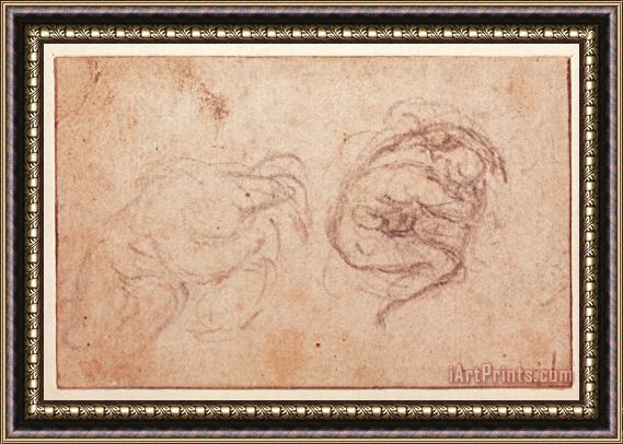 Michelangelo Buonarroti Study of a Crouching Figure Black Chalk on Paper Recto Framed Painting