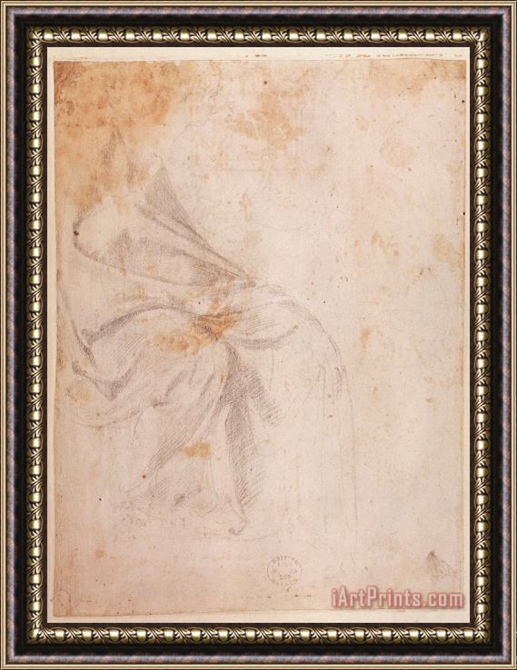 Michelangelo Buonarroti Study of Drapery Black Chalk on Paper C 1516 Verso for Recto See 191775 Framed Print