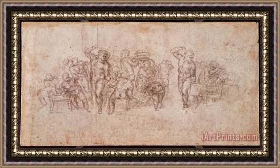 Michelangelo Buonarroti Study of Figures for a Narrative Scene Black Chalk on Paper Recto for Verso See 191764 Framed Print