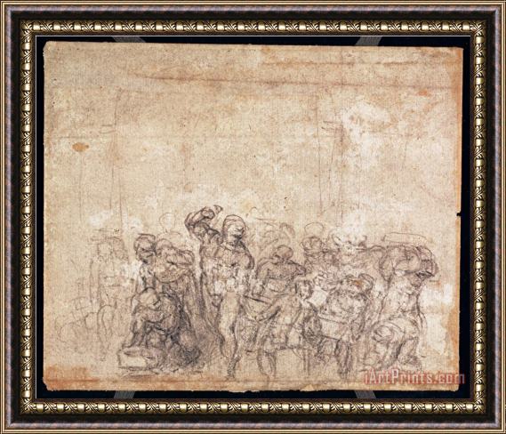 Michelangelo Buonarroti Study of Figures for a Narrative Scene Framed Painting