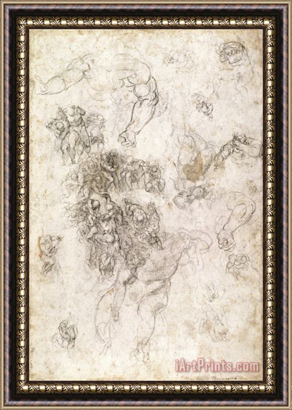 Michelangelo Buonarroti Study of Figures for The Last Judgement with Artist's Signature 1536 41 Framed Painting