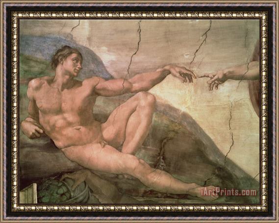 Michelangelo Buonarroti The Creation of Adam From The Sistine Ceiling 1511 Fresco Pre Restoration Framed Painting